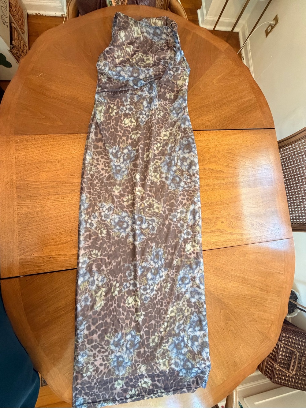 Floral & Animal Print Strapless Maxi Dress in Brown and Blue with twisted straps